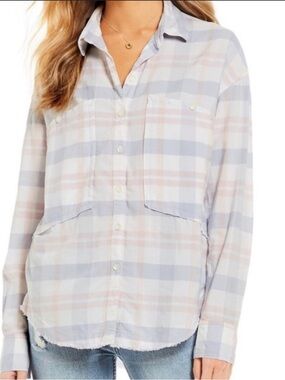Free People Loveland Pastel Pink and Lavender Plaid flannel Button-Down Shirt
